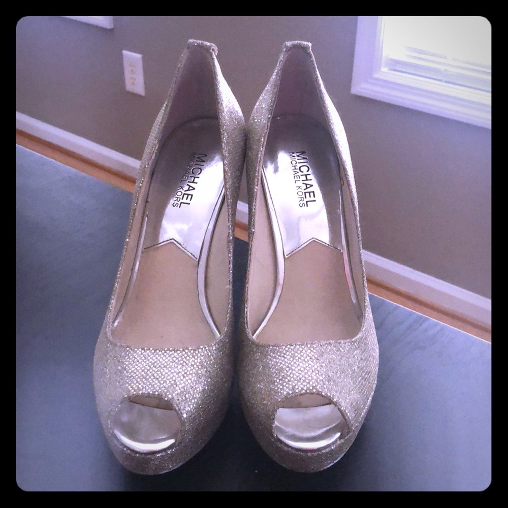 Size 8 Michael Kors peep toe silver glitter pumps